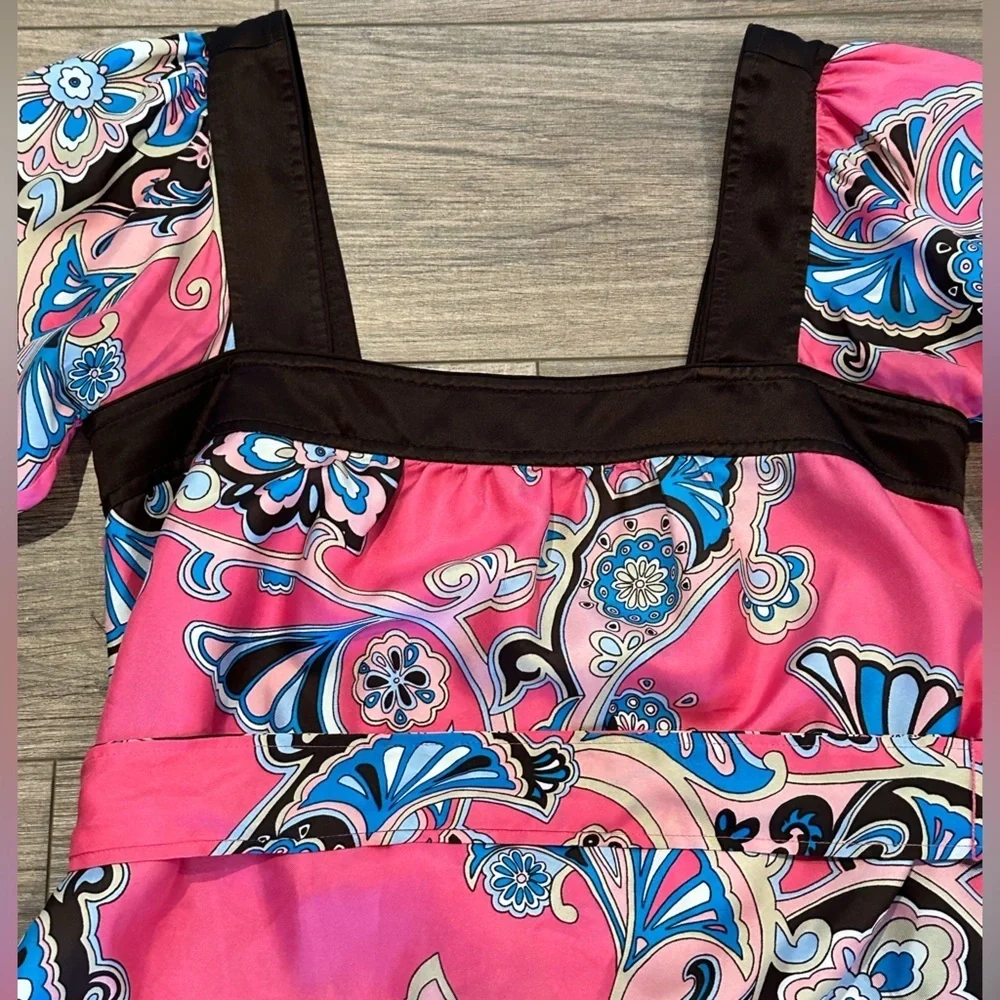Banana Republic Pink and Blue Paisley Square Neck Dress with Tie Size Small